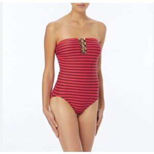 Michael Kors Red Blue Striped Logo Ring Bathing Suit Size 10